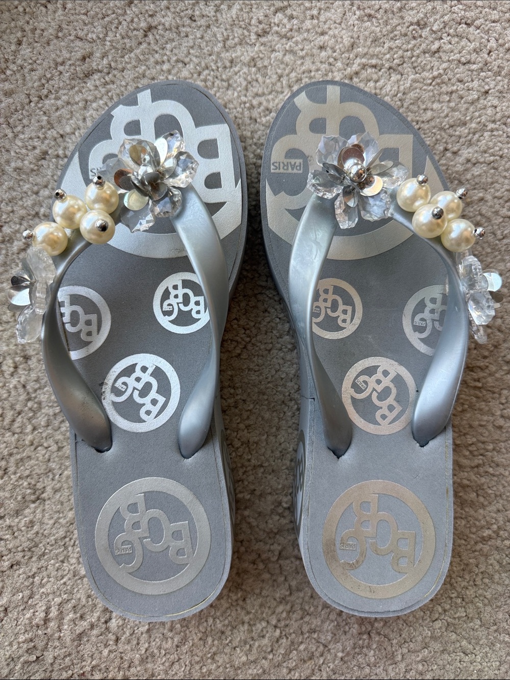 BCBG Paris Silver Pearl & Crystal Embellished Wedge Sandals